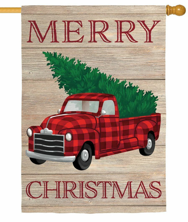Merry Christmas Plaid Truck Linen Banner