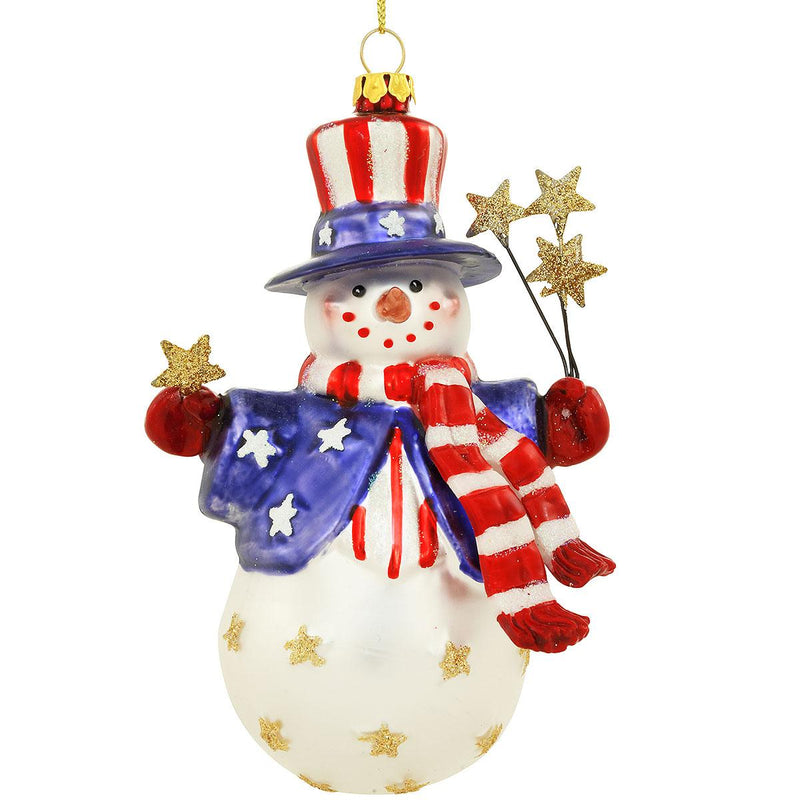 Glass Patriotic Snowman with Stars Ornament