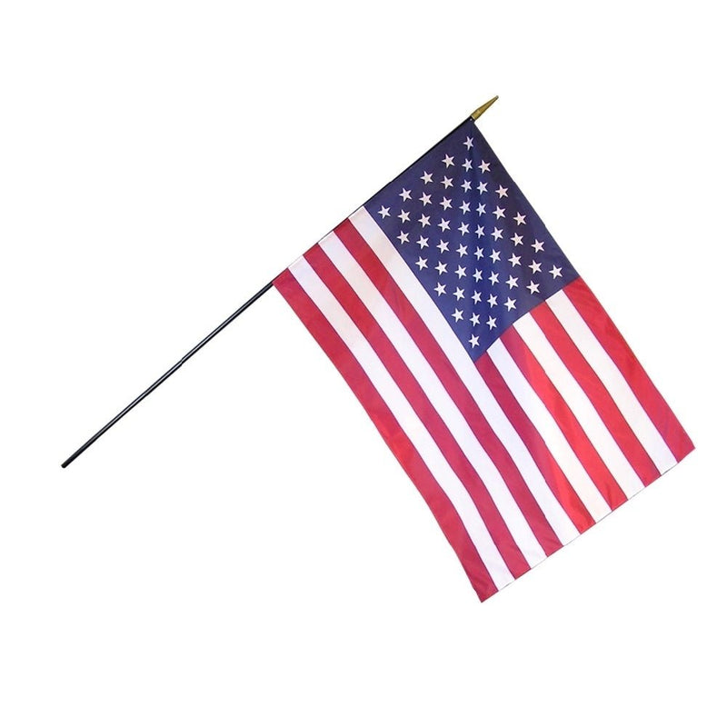 12 Pack 8 in. X 12 in. U.S. Flag Mounted on a 1/4 in. X 18 in. Black Staff with Gold Spear Tip - The Flag Lady