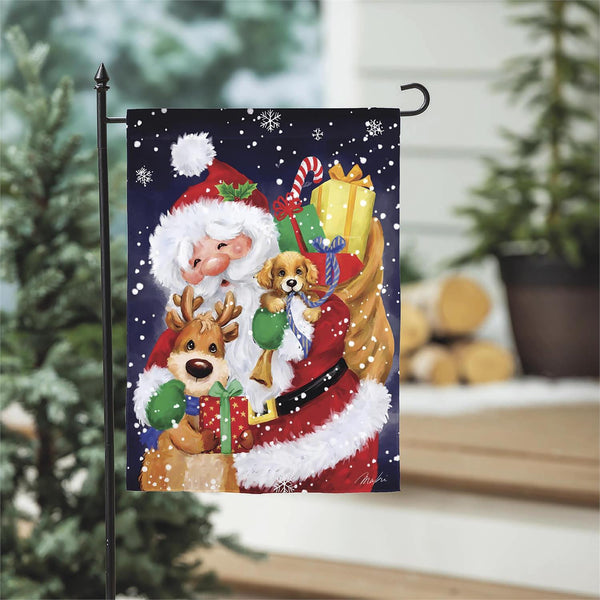 12x18 in Santa, Reindeer, and Puppy Suede Garden Flag - The Flag Lady
