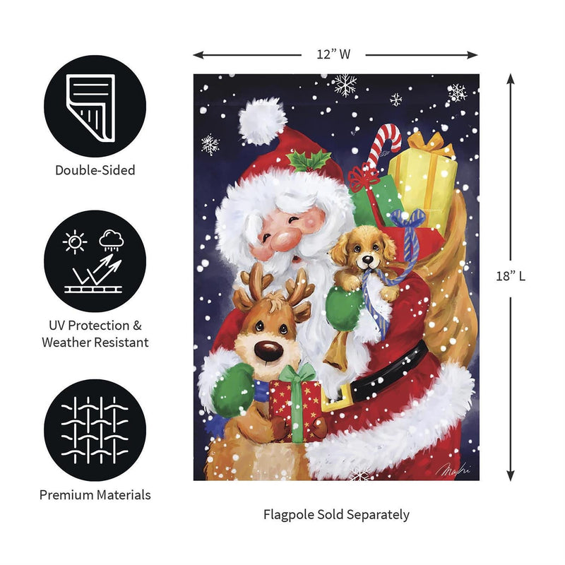 12x18 in Santa, Reindeer, and Puppy Suede Garden Flag - The Flag Lady
