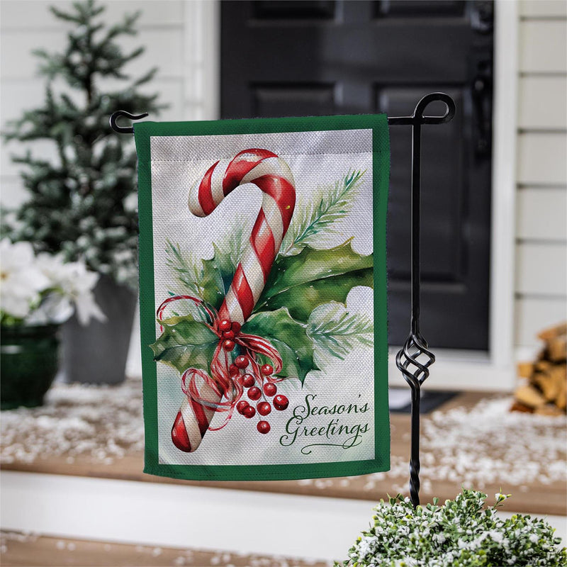 12x18 in Season's Greetings Candy Cane Burlap Garden Flag - The Flag Lady