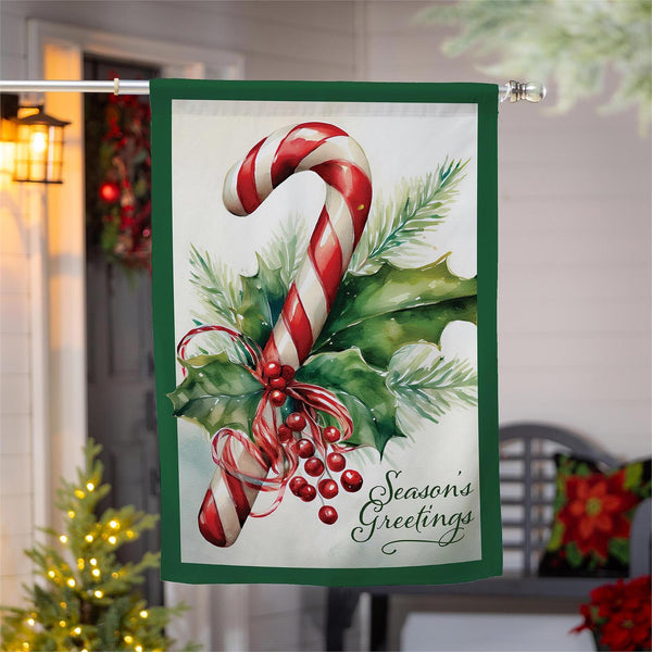 28x40 in Season's Greetings Candy Cane Burlap House Flag