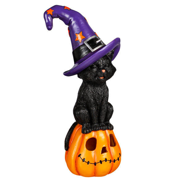 Cat on Jack O' Lantern with Witch Hat LED Statue