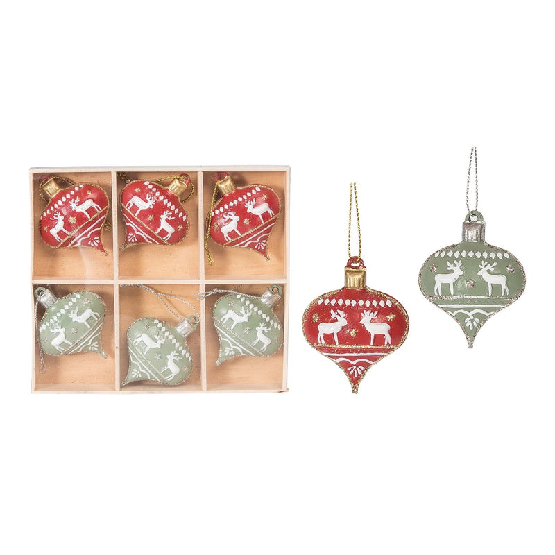 Red and Green Reindeer Ornaments- Set of 6