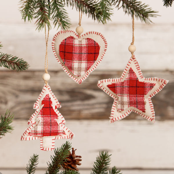 Assorted set of Plaid Ornaments - Heart, Star, Tree - The Flag Lady