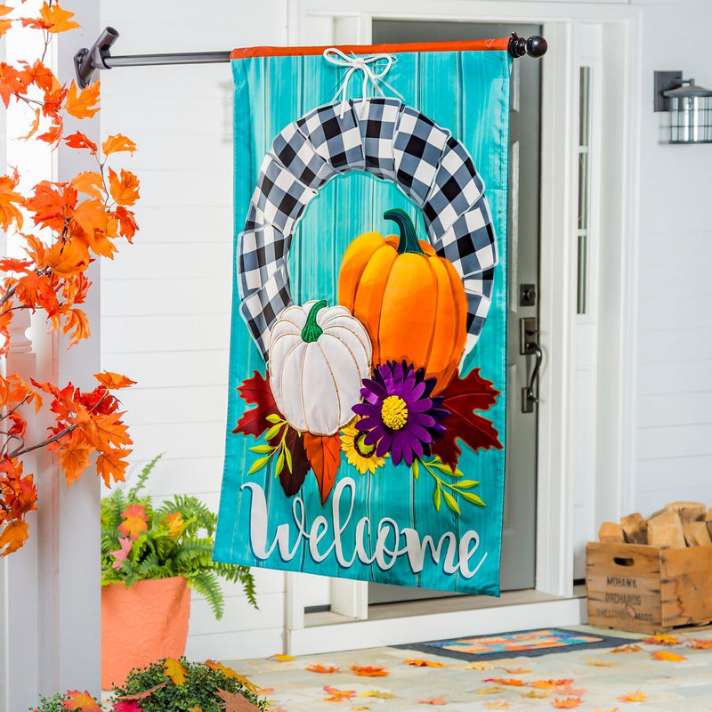 Buffalo Check Fall Wreath Linen Banner - The Flag Lady