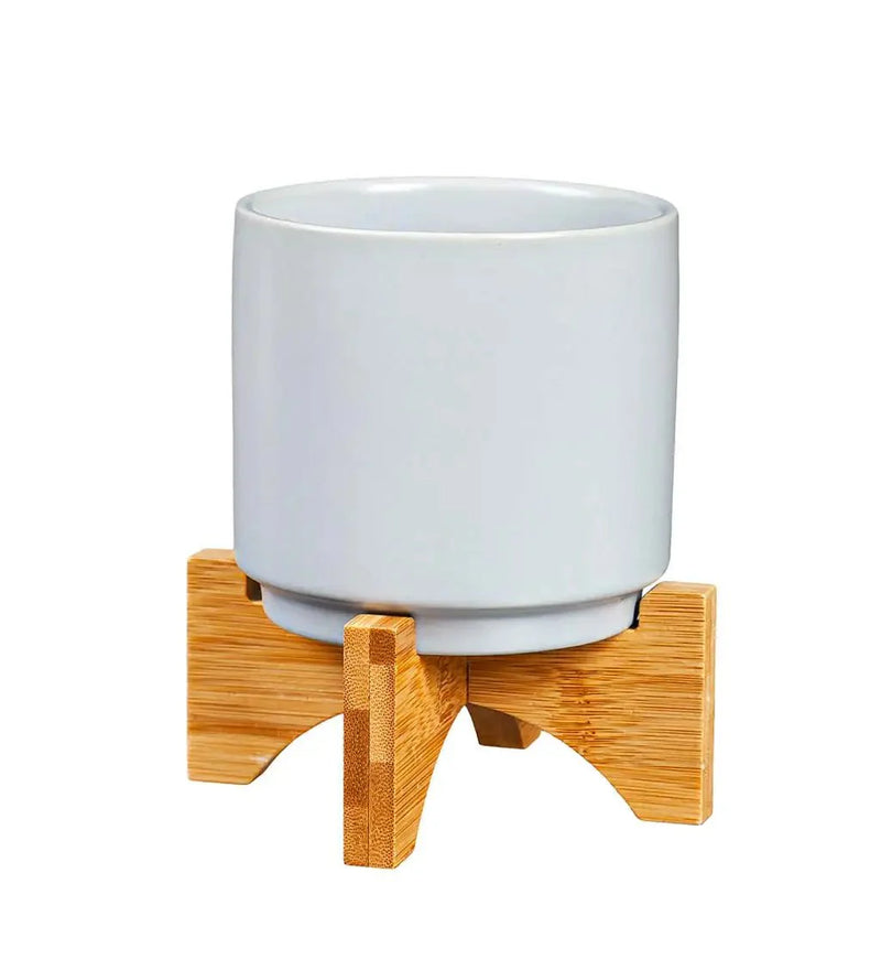 ceramic flower pot stands Ceramic Planter w/ Wood Stand (3 colors) 4"Dia. x 6"H