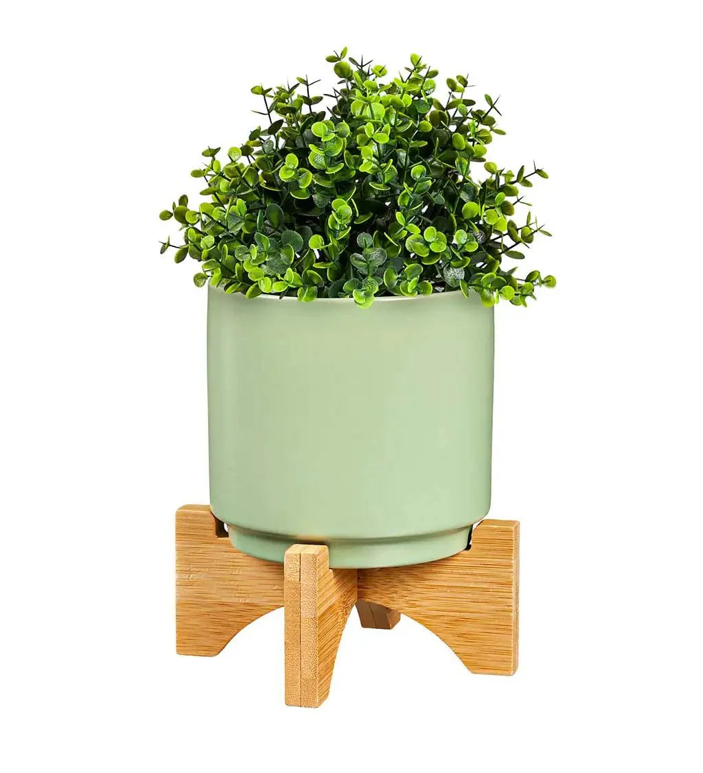 plant stand with ceramic pot Ceramic Planter w/ Wood Stand (3 colors) 4"Dia. x 6"H