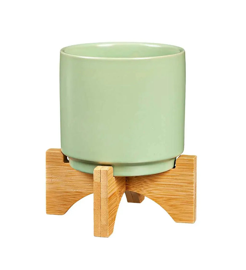 ceramic plant pot with stand Ceramic Planter w/ Wood Stand (3 colors) 4"Dia. x 6"H
