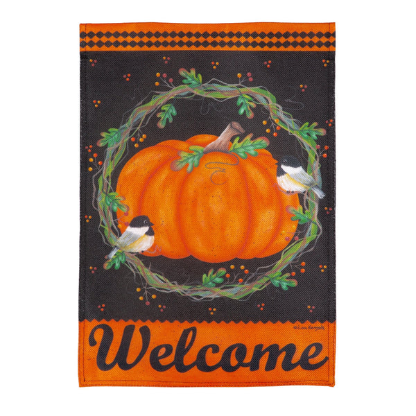 Chickadee and Pumpkin Burlap Garden Flag - The Flag Lady