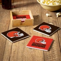 Cleveland Browns Ceramic Coaster Set w/ Wood Caddy - The Flag Lady