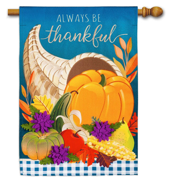 Cornucopia with Checks Thanksgiving Linen Banner - The Flag Lady