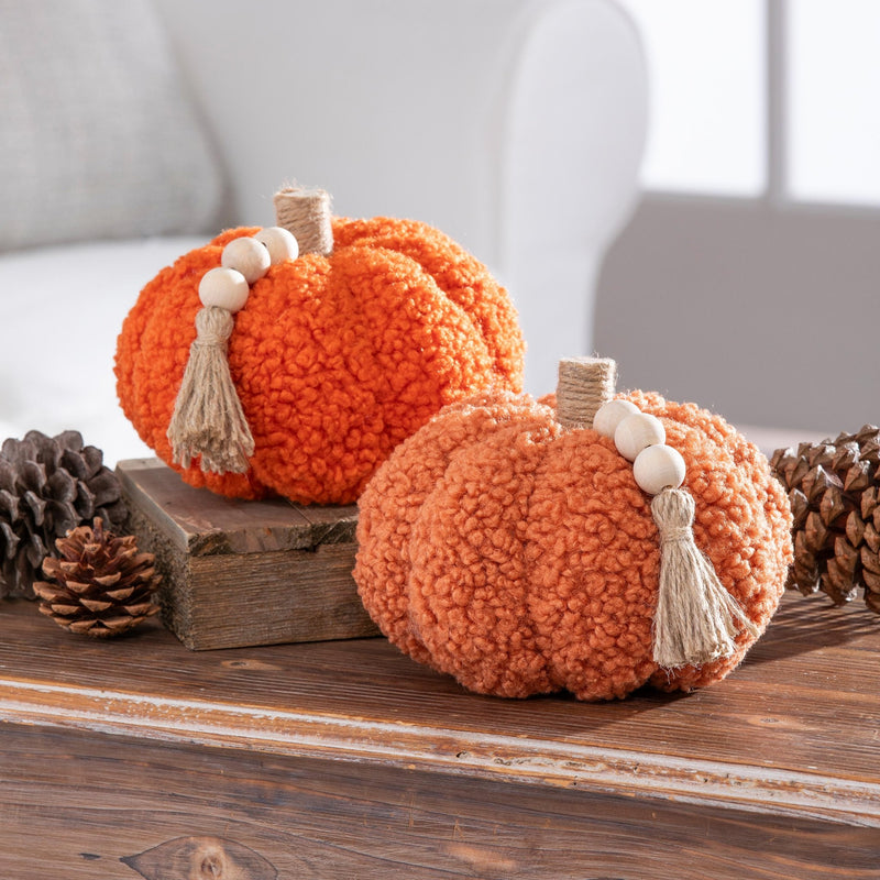 Fabric Pumpkin Tabletop Decor w/Wood Bead and Rope Tassels (6"x6") - The Flag Lady