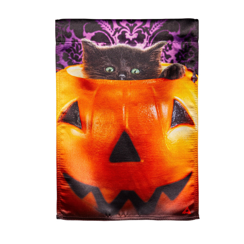 Kitten in Pumpkin Bucket Lustre Garden Flag - The Flag Lady