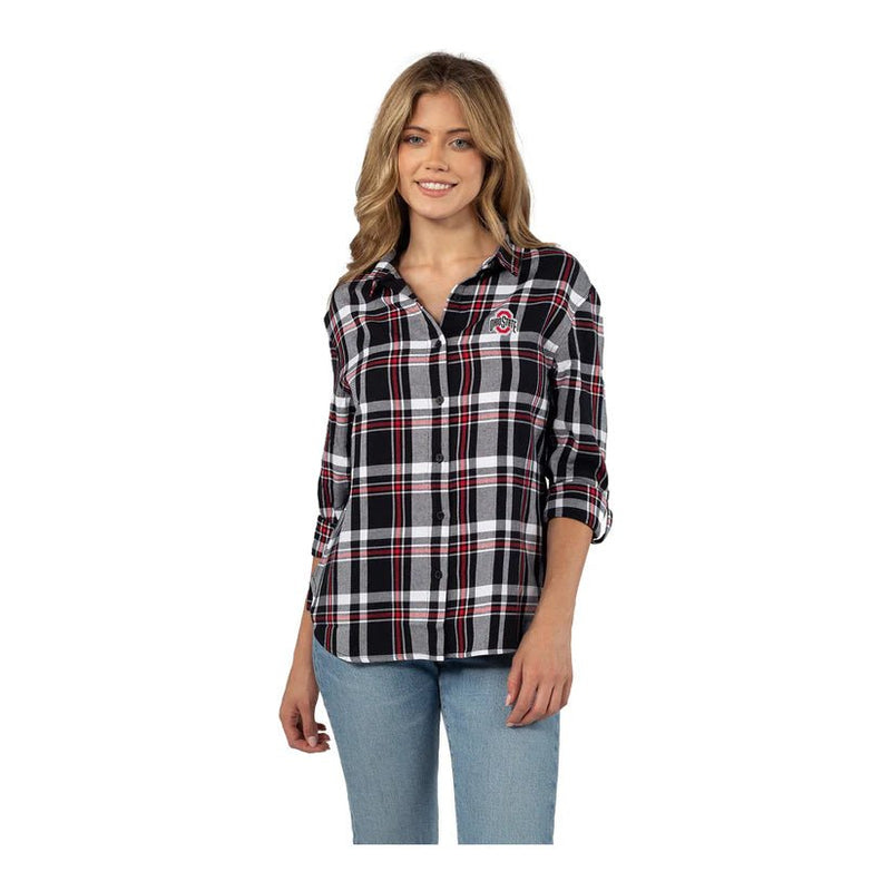 Ohio State Buckeyes Boyfriend Black and Scarlett Plaid Shirt - The Flag Lady