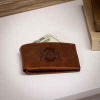 Ohio State University, Embossed 100% Genuine Tumbled Leather Passcase Bi - Fold Wallet, Brown - The Flag Lady