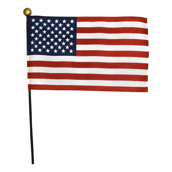 12 Pack 4 in. X 6 in. Cotton Muslin U.S. Flag Mounted on a 3/16 in. X 10 in. Back Staff with Gold Ball