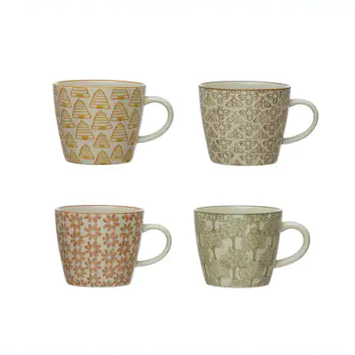 Hand Stamped Stoneware (set of 4) Mug w/Pattern